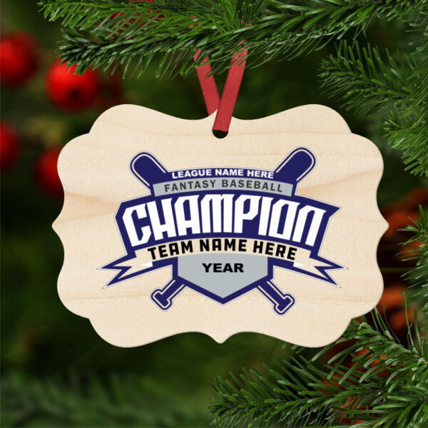 Custom Fantasy Baseball Champion T-shirt Bats 2 Blue - Natural Wood Benelux Christmas Ornament Thumbnail