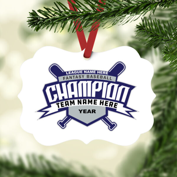 Custom Fantasy Baseball Champion T-shirt Bats 2 Blue - White Aluminum Benelux Christmas Ornament Thumbnail