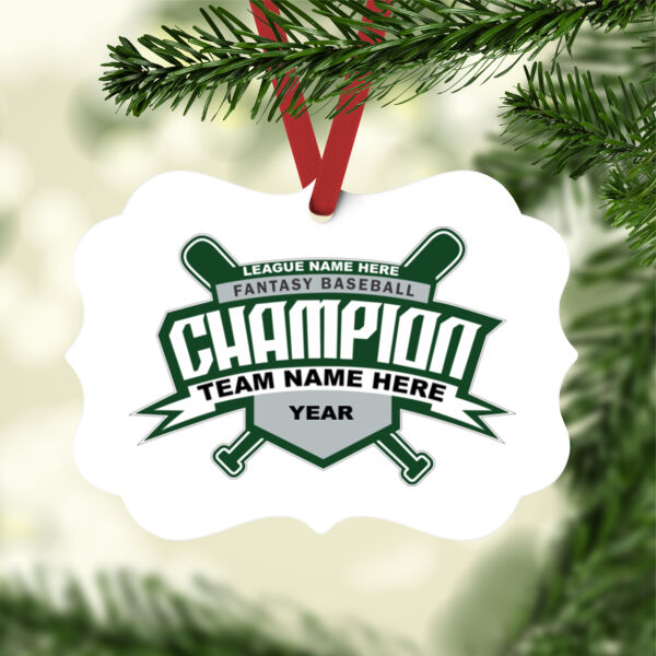 Custom Fantasy Baseball Champion T-shirt Bats 2 Green - White Aluminum Benelux Christmas Ornament Thumbnail