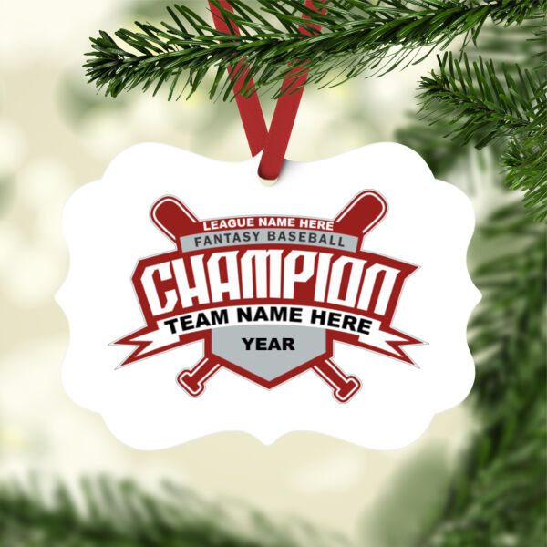 Custom Fantasy Baseball Champion T-shirt Bats 2 Red - White Aluminum Benelux Christmas Ornament Thumbnail