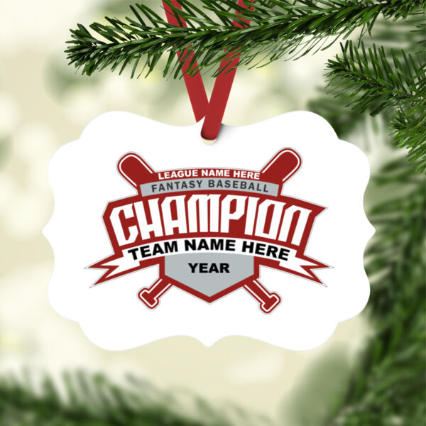 Custom Fantasy Baseball Champion T-shirt Bats 2 Red - White Aluminum Benelux Christmas Ornament Custom Fantasy Baseball Champion T-shirt Bats 2 Red - White Aluminum Benelux Christmas Ornament Thumbnail