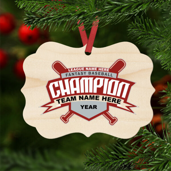 Custom Fantasy Baseball Champion T-shirt Bats 2 Red - Natural Wood Benelux Christmas Ornament Thumbnail