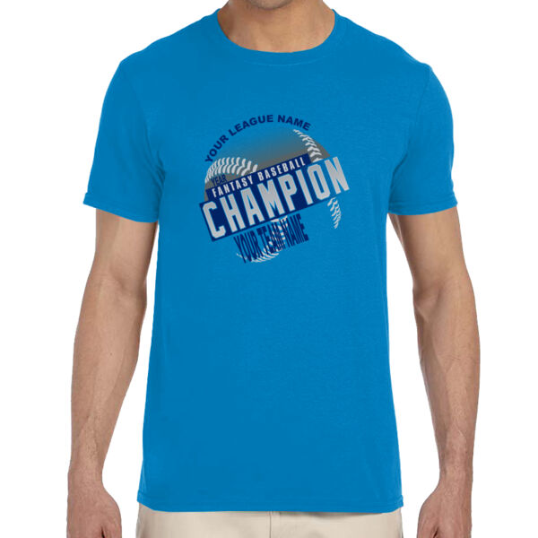 Custom Fantasy Baseball Champion T-shirt Laces Blue - Adult Softstyle® 4.5 oz. Heather Color T-Shirt (S) Thumbnail
