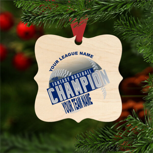 Custom Fantasy Baseball Champion T-shirt Laces Blue - Natural Wood Prague Christmas Ornament Thumbnail