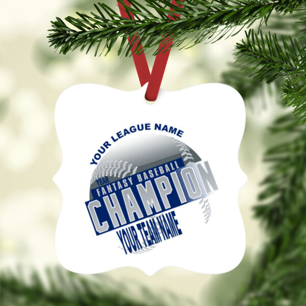 Custom Fantasy Baseball Champion T-shirt Laces Blue - White Aluminum Prague Christmas Ornament Thumbnail