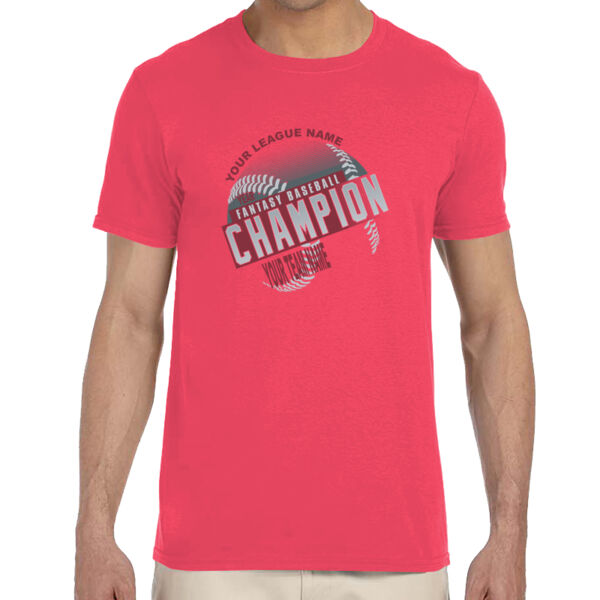Custom Fantasy Baseball Champion T-shirt Laces Red - Adult Softstyle® 4.5 oz. Heather Color T-Shirt (S) Thumbnail