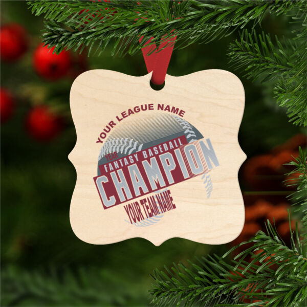 Custom Fantasy Baseball Champion T-shirt Laces Red - Natural Wood Prague Christmas Ornament Thumbnail