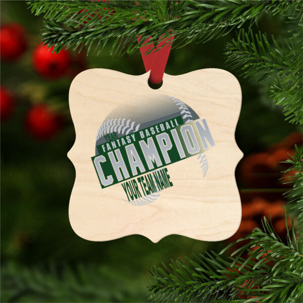 Custom Fantasy Baseball Champion T-shirt Laces Green - Natural Wood Prague Christmas Ornament Thumbnail