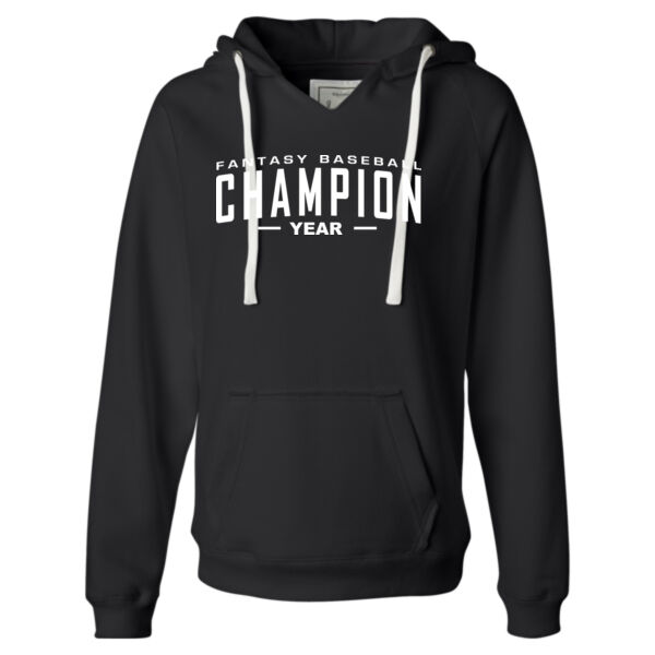Custom Fantasy Baseball Champion Words - White - Ladies' Sueded V-Neck Hooded Sweatshirt Thumbnail